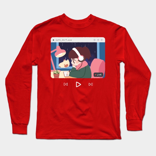 Lofi Hip-hop and chill sweater, YouTube, 24/7 Music Study Beats To Relax To, Kawaii Anime Aesthetic, red sweater grey sweater, sleeve print Long Sleeve T-Shirt by mushopea